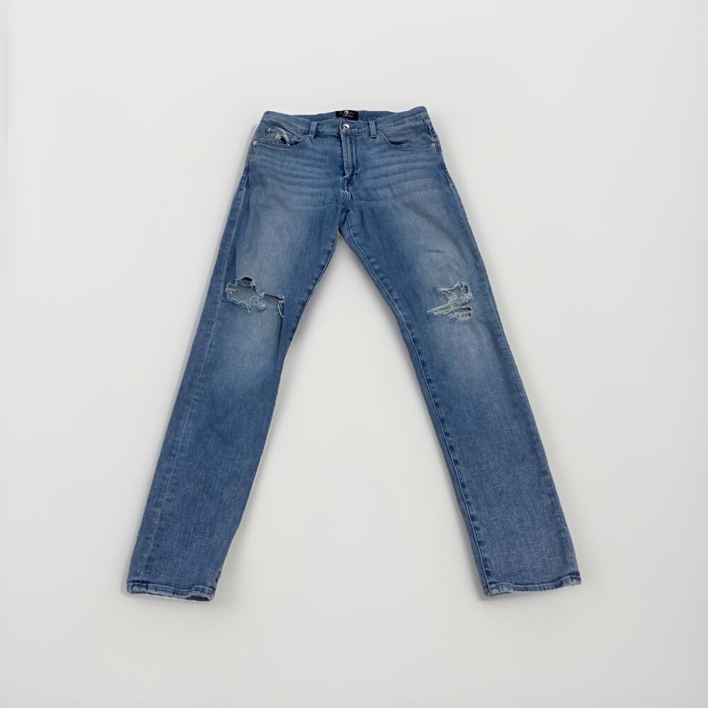 7 For All Mankind Men’s Size 32 Paxtyn Luxe Sport Distressed Ripped Blue Jeans